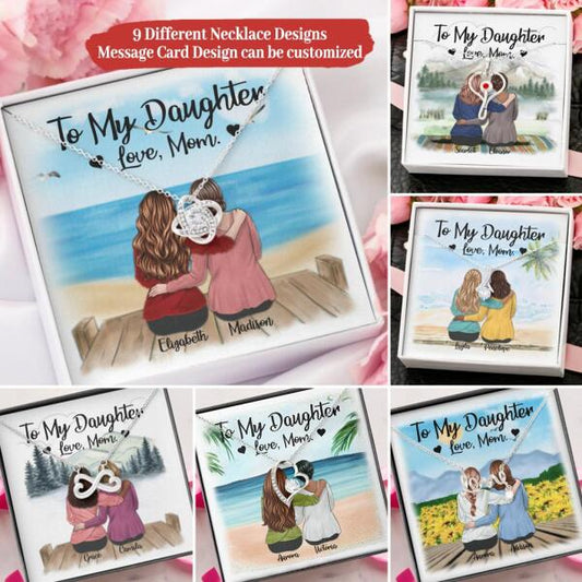 To My Daughter From Mom With Personalized Message Card (9 Necklace Designs) - Name, Skin, Hair, Clothes and Background can be customized