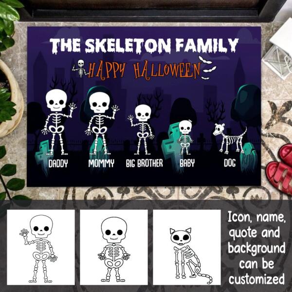 Halloween Skeleton Family Personalized Doormat - Icon, Name, Quote and Background can be customized