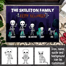 Load image into Gallery viewer, Halloween Skeleton Family Personalized Doormat - Icon, Name, Quote and Background can be customized
