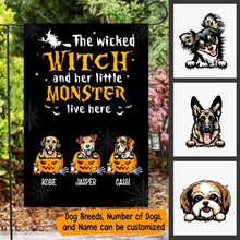 Load image into Gallery viewer, Halloween The Wicked Witch And Her Little Dog Monsters Personalized Garden Flag - Dogs and Names can be customized
