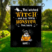 Load image into Gallery viewer, Halloween The Wicked Witch And Her Little Dog Monsters Personalized Garden Flag - Dogs and Names can be customized
