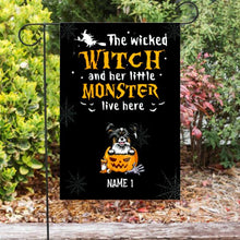 Load image into Gallery viewer, Halloween The Wicked Witch And Her Little Dog Monsters Personalized Garden Flag - Dogs and Names can be customized
