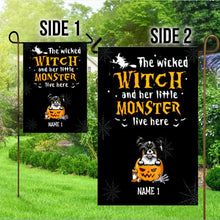 Load image into Gallery viewer, Halloween The Wicked Witch And Her Little Dog Monsters Personalized Garden Flag - Dogs and Names can be customized
