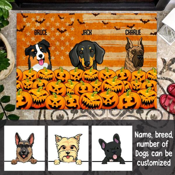 Halloween Dog Pumpkin Personalized Doormat - Dogs and Names can be customized