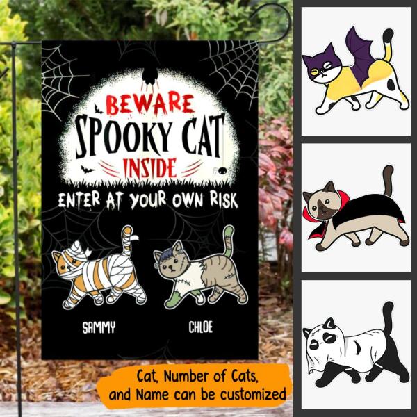 Halloween Cat Enter At Your Own Risk Personalized Garden Flag - Cats and Names can be customized