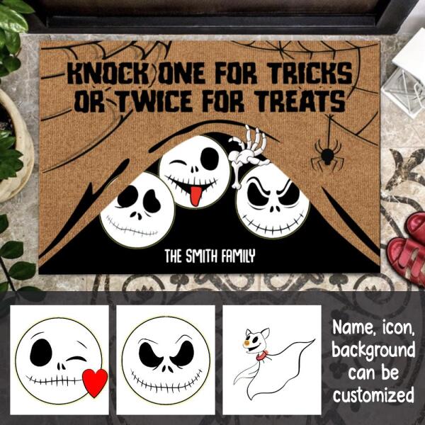 Halloween Knock One For Trick Or Twice For Treats Personalized Doormat - Icons, Names and Quotes can be customized