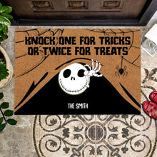 Load image into Gallery viewer, Halloween Knock One For Trick Or Twice For Treats Personalized Doormat - Icons, Names and Quotes can be customized
