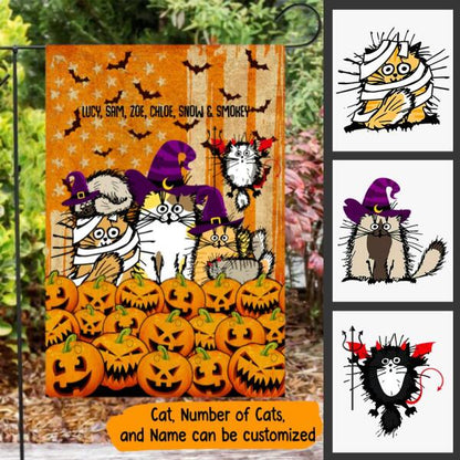 Halloween Cat Pumpkin Personalized Garden Flag - Cats and Names can be customized