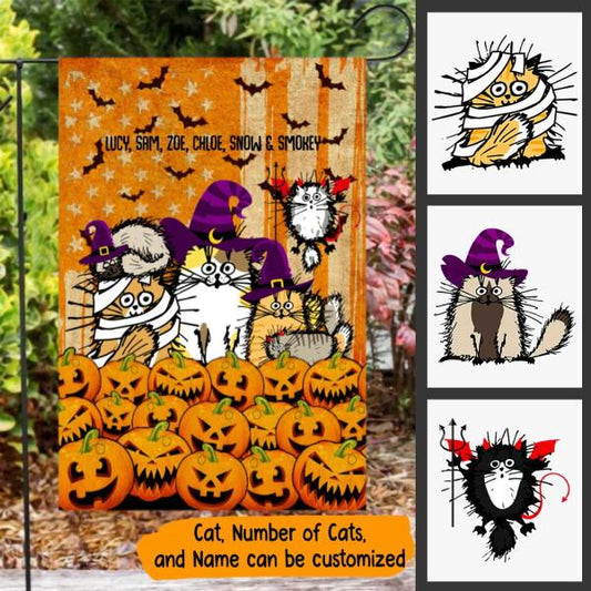 Halloween Cat Pumpkin Personalized Garden Flag - Cats and Names can be customized