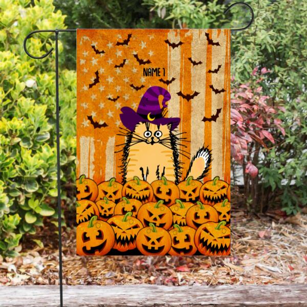 Halloween Cat Pumpkin Personalized Garden Flag - Cats and Names can be customized