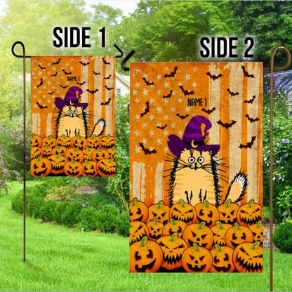 Halloween Cat Pumpkin Personalized Garden Flag - Cats and Names can be customized