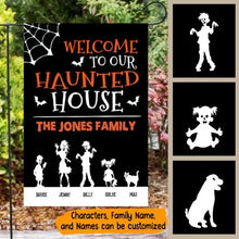Load image into Gallery viewer, Halloween Haunted House Personalized Garden Flag - Characters and Names can be customized
