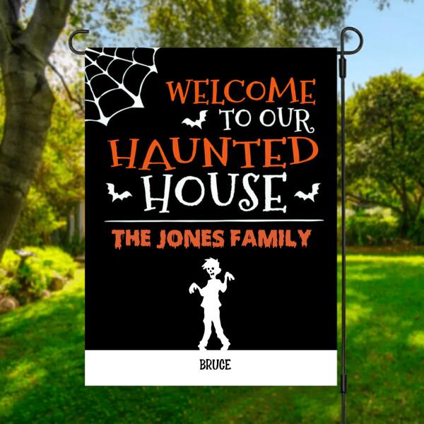 Halloween Haunted House Personalized Garden Flag - Characters and Names can be customized