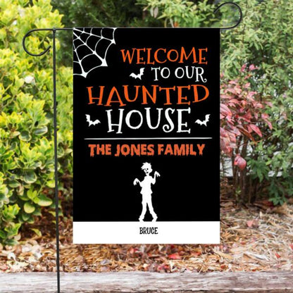 Halloween Haunted House Personalized Garden Flag - Characters and Names can be customized