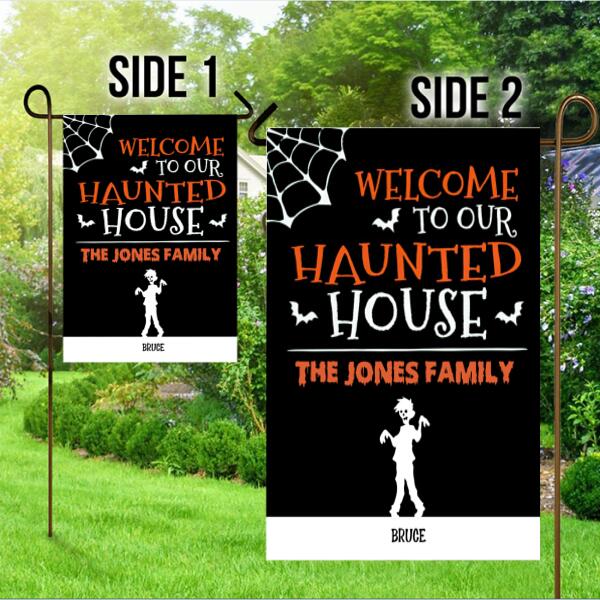 Halloween Haunted House Personalized Garden Flag - Characters and Names can be customized