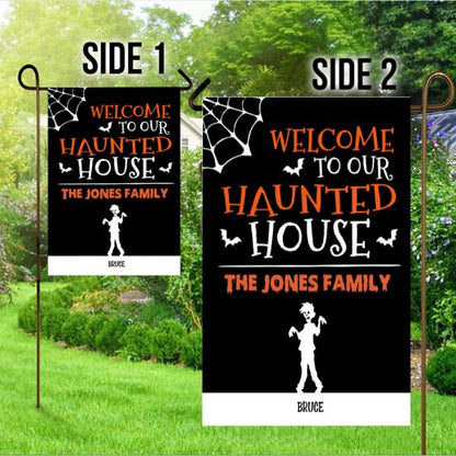 Halloween Haunted House Personalized Garden Flag - Characters and Names can be customized