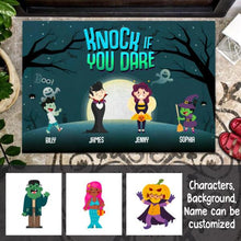 Load image into Gallery viewer, Happy Halloween Family Characters Personalized Doormat - Characters, Names, Background and Quotes can be customized
