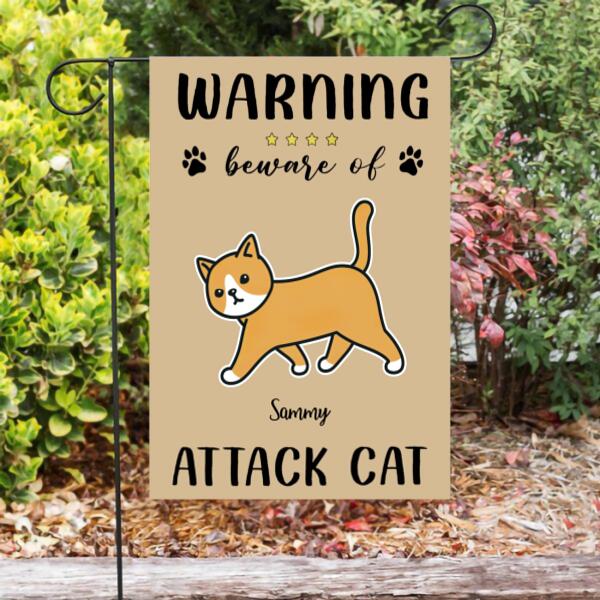 Warning Beware Of Attack Cat Personalized Garden Flag - Cats and Names can be customized