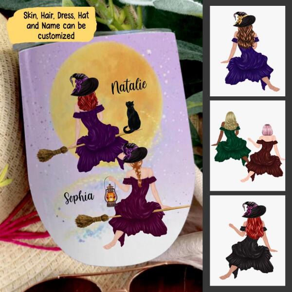 Sisters Witches Halloween Personalized Wine Tumbler - Girls and Names can be customized