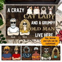 Load image into Gallery viewer, A Crazy Cat Lady And A Grumpy Old Man Live Here Personalized Doormat - Man, Woman and Cats can be customized
