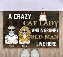 Load image into Gallery viewer, A Crazy Cat Lady And A Grumpy Old Man Live Here Personalized Doormat - Man, Woman and Cats can be customized
