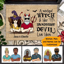 Load image into Gallery viewer, Wicked Witch And Handsome Devil Live Here Halloween Personalized Doormat - Man, Woman, Name can be customized
