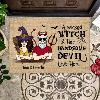 Wicked Witch And Handsome Devil Live Here Halloween Personalized Doormat - Man, Woman, Name can be customized