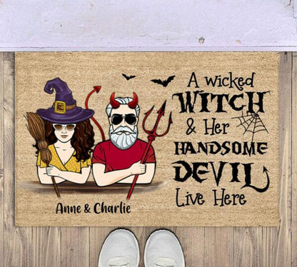 Wicked Witch And Handsome Devil Live Here Halloween Personalized Doormat - Man, Woman, Name can be customized