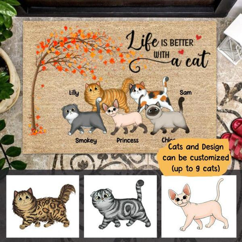 Walking Cat Under The Tree Personalized Doormat - Cat, Number of Cats, Names and Background can be customized