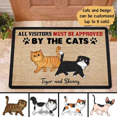 All Visitors Must Be Approved By Cats Personalized Doormat - Cat, Number of Cats, Names and Background can be customized