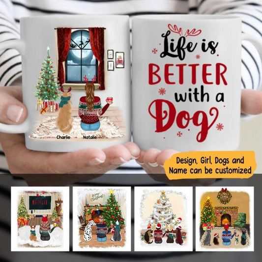 Christmas Girl and Dog Personalized Mug - Girl, Dogs and Names can be customized