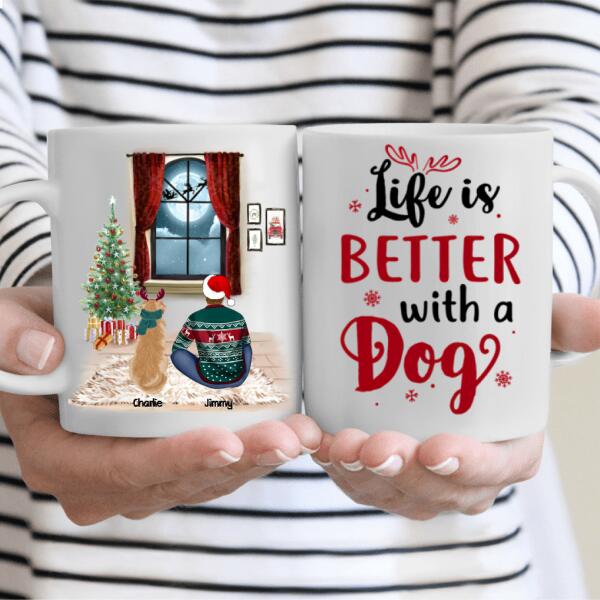 Christmas Man and Dog Personalized Mug - Man, Dogs and Names can be customized