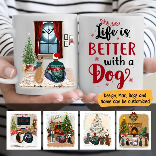 Christmas Man and Dog Personalized Mug - Man, Dogs and Names can be customized
