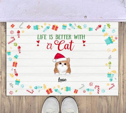 Christmas Life Is Better With Cat Personalized Doormat - Cats and Names can be customized