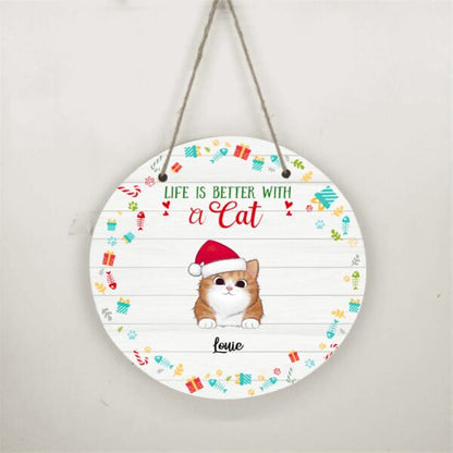Christmas Life Is Better With Cat Personalized Doorplate - Cats and Names can be customized