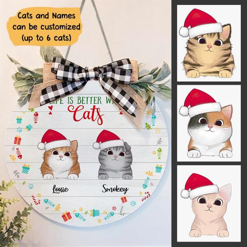 Christmas Life Is Better With Cat Personalized Doorplate - Cats and Names can be customized