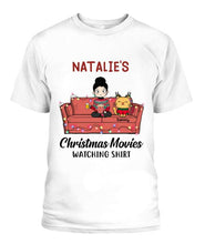 Load image into Gallery viewer, Christmas Movie Watching Girl And Cat Personalized Graphic Apparel - Girl, Cats and Names can be customized
