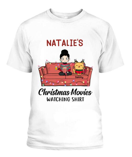 Christmas Movie Watching Girl And Cat Personalized Graphic Apparel - Girl, Cats and Names can be customized