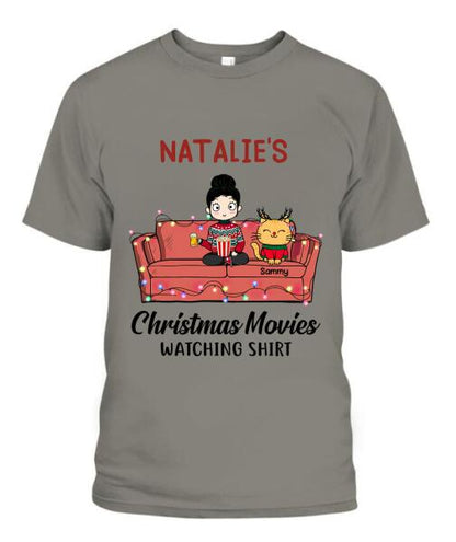 Christmas Movie Watching Girl And Cat Personalized Graphic Apparel - Girl, Cats and Names can be customized