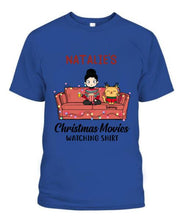 Load image into Gallery viewer, Christmas Movie Watching Girl And Cat Personalized Graphic Apparel - Girl, Cats and Names can be customized
