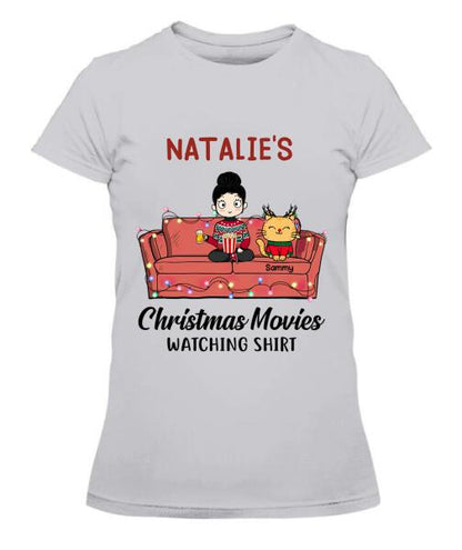 Christmas Movie Watching Girl And Cat Personalized Graphic Apparel - Girl, Cats and Names can be customized