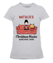 Load image into Gallery viewer, Christmas Movie Watching Girl And Cat Personalized Graphic Apparel - Girl, Cats and Names can be customized
