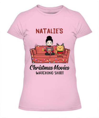Christmas Movie Watching Girl And Cat Personalized Graphic Apparel - Girl, Cats and Names can be customized