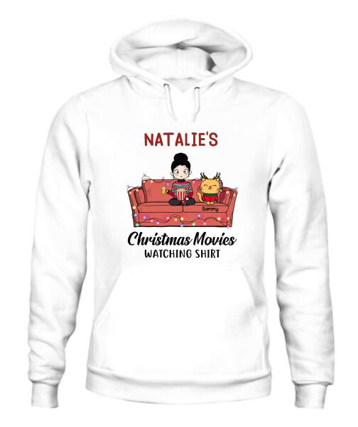 Christmas Movie Watching Girl And Cat Personalized Graphic Apparel - Girl, Cats and Names can be customized