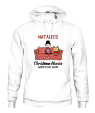 Load image into Gallery viewer, Christmas Movie Watching Girl And Cat Personalized Graphic Apparel - Girl, Cats and Names can be customized
