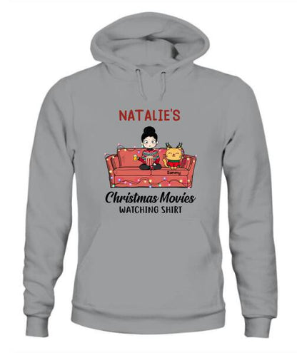 Christmas Movie Watching Girl And Cat Personalized Graphic Apparel - Girl, Cats and Names can be customized