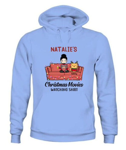 Christmas Movie Watching Girl And Cat Personalized Graphic Apparel - Girl, Cats and Names can be customized