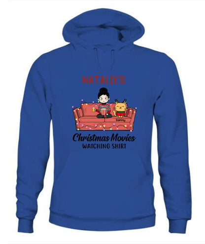 Christmas Movie Watching Girl And Cat Personalized Graphic Apparel - Girl, Cats and Names can be customized