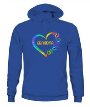 Load image into Gallery viewer, Grandma Mom Heart Hand Print Personalized Graphic Apparel - Title, Number of Kids and Name can be customized
