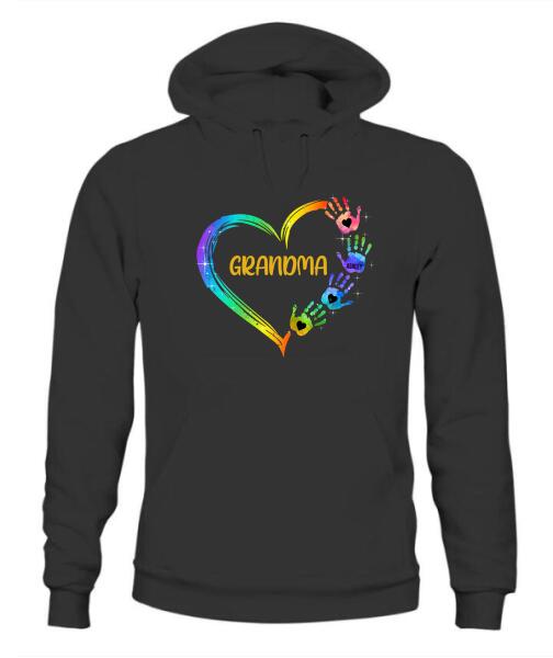 Grandma Mom Heart Hand Print Personalized Graphic Apparel - Title, Number of Kids and Name can be customized